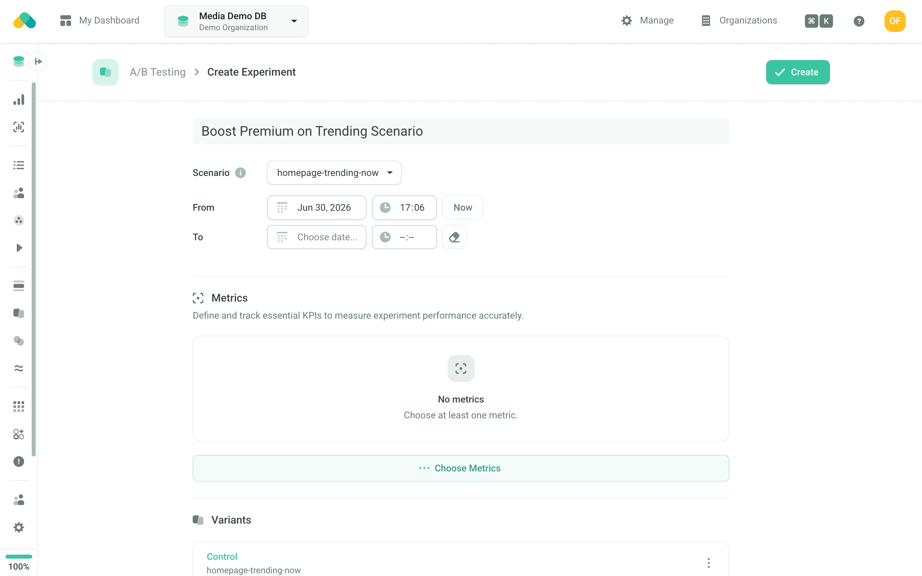 Create Experiment form