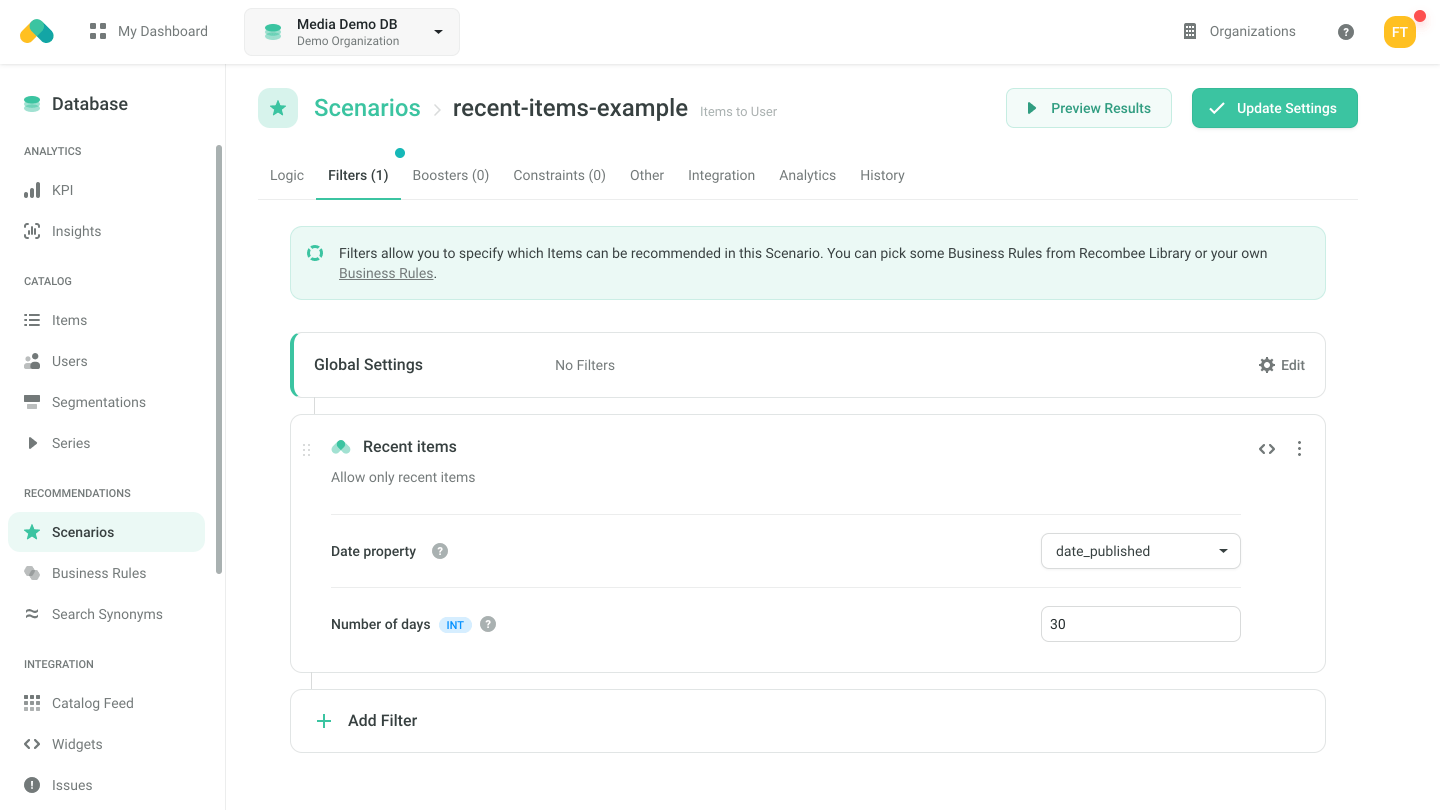Admin UI - Filter - Recent Items